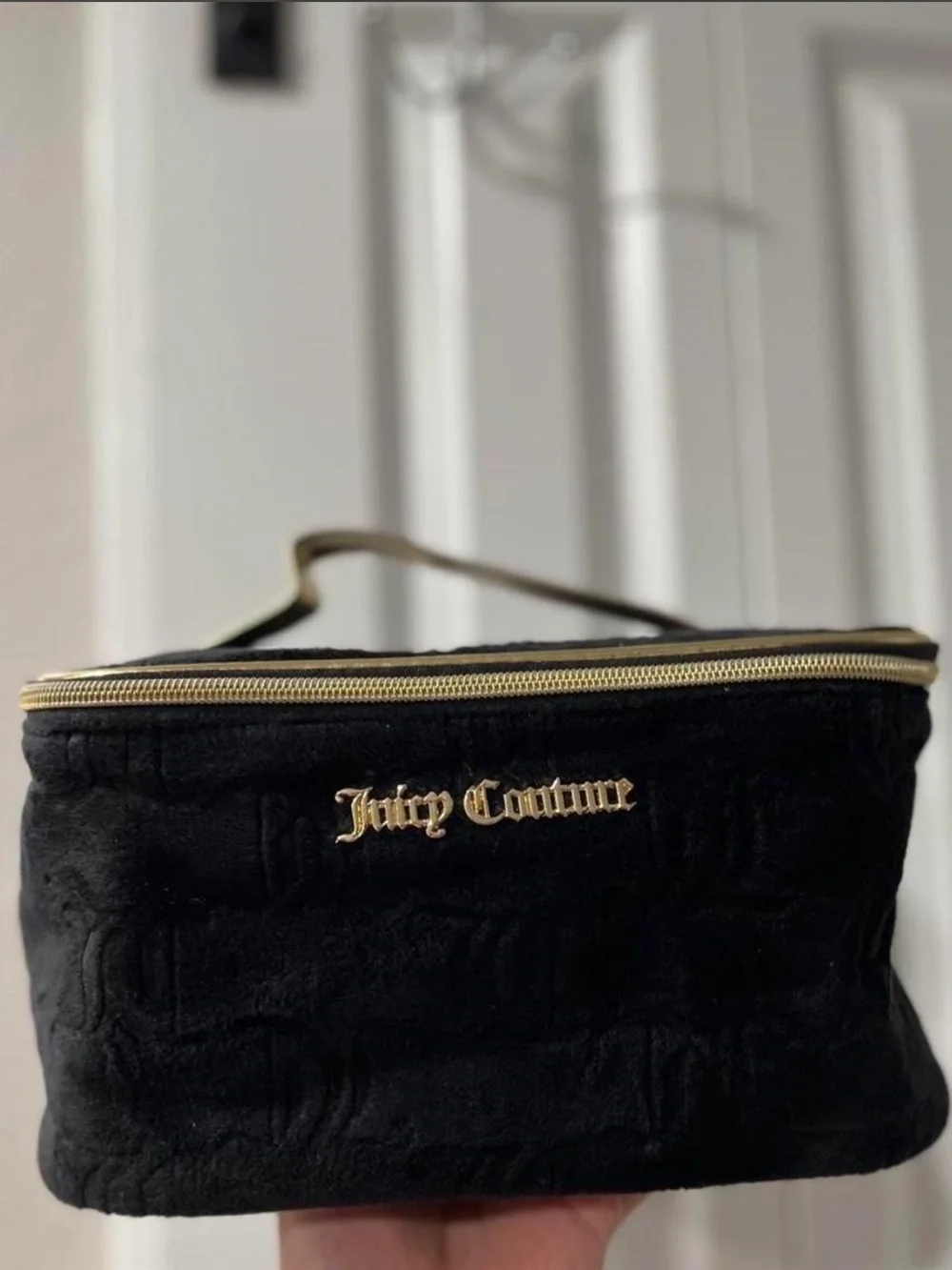 Juicy Couture Black Plush Cosmetic Train Case with Gold Trim